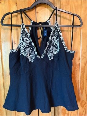 GAP Linen Blend Black Halter Cami with Cream Floral Scallop Embroidery